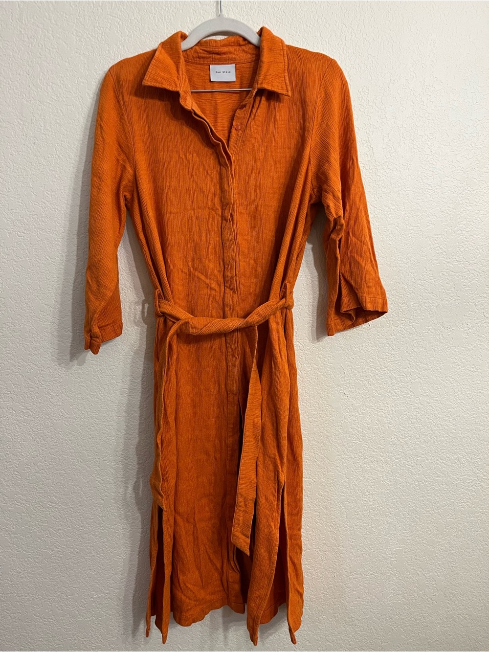 Linen/ cotton Rue Stiic “Mara” Orange midi Shirt Dress with Tie Belt